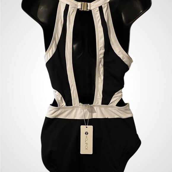 Women’s one piece cutout swimsuit with tummy control black & white NWT size L. - Picture 9 of 10